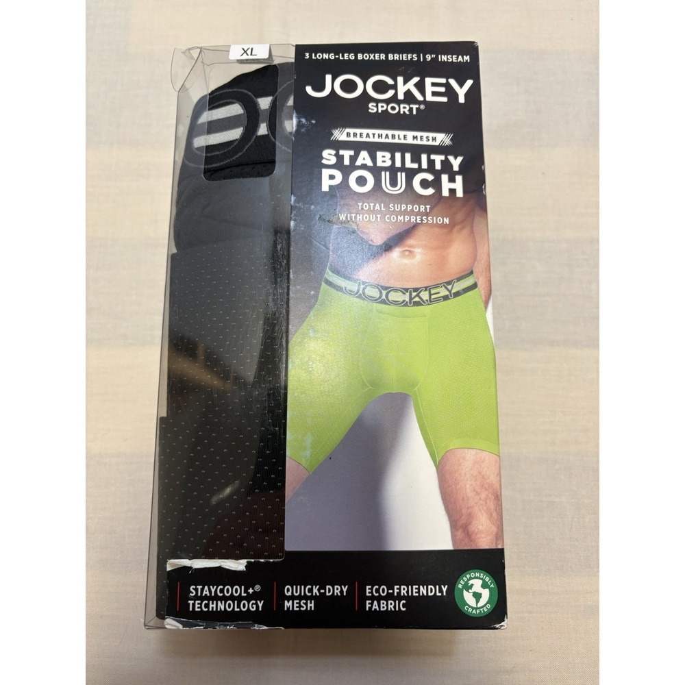3-Pk Jockey Sport Mesh 9" Long Leg Boxer Briefs Size XL Black Stability Pouch